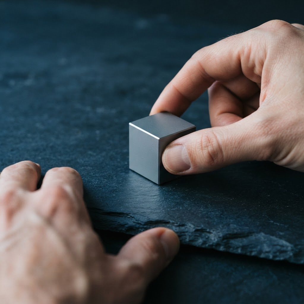 Hands adjusting a matte metal cube on a slate desk