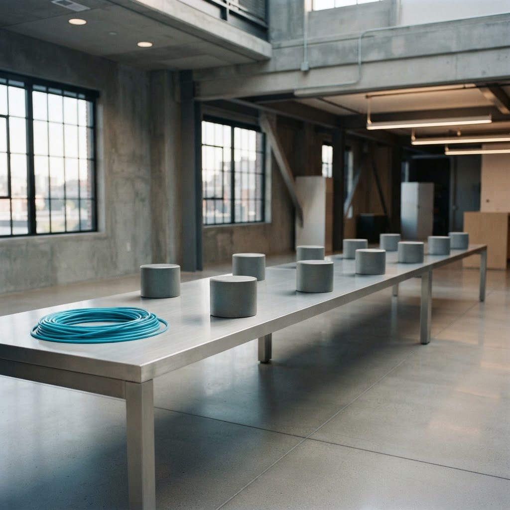 Minimalist industrial workspace with geometric weights
