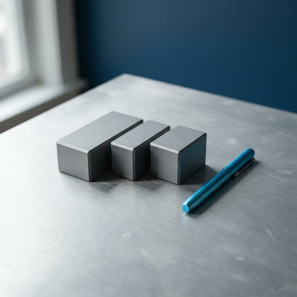 Minimalist metal blocks on a brushed aluminum desk