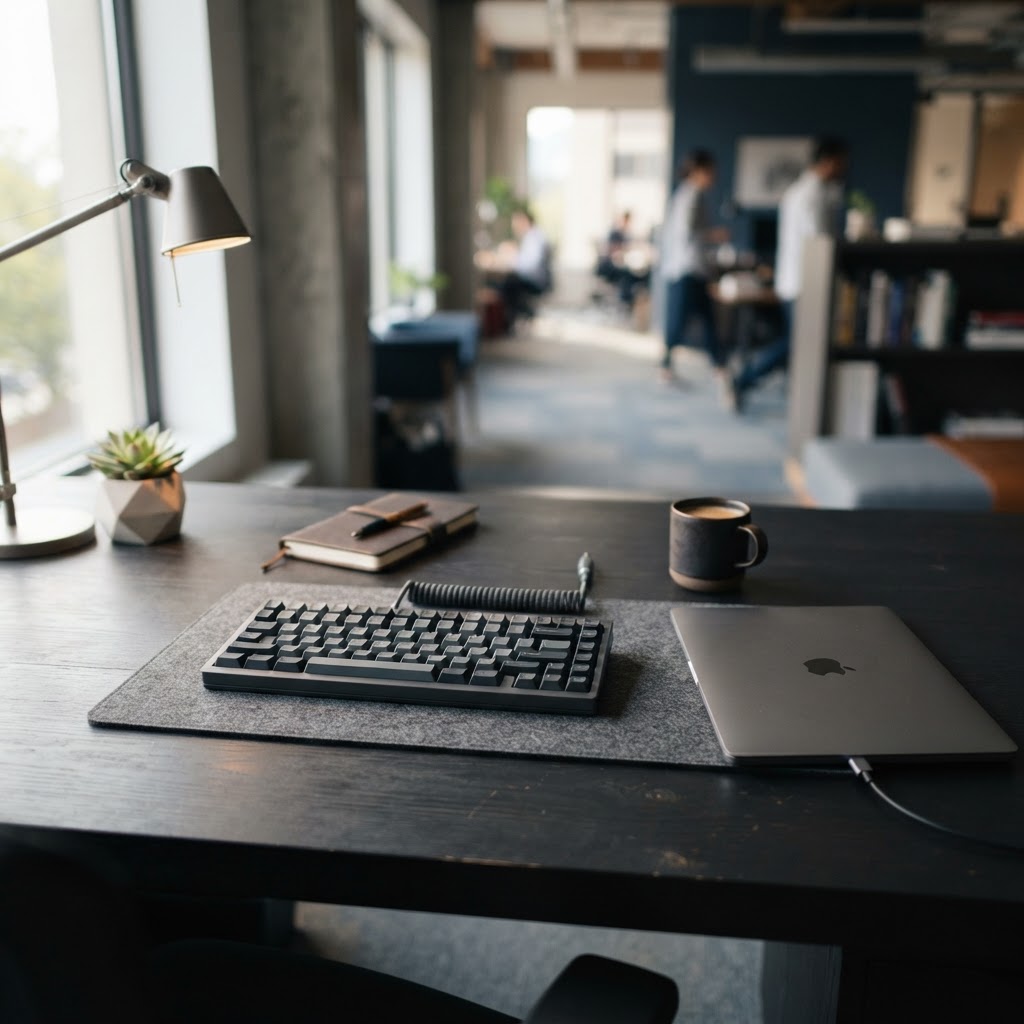 Clean desktop with mechanical keyboard and closed laptop