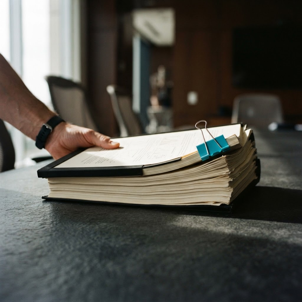 A hand carrying a stack of bound research documents