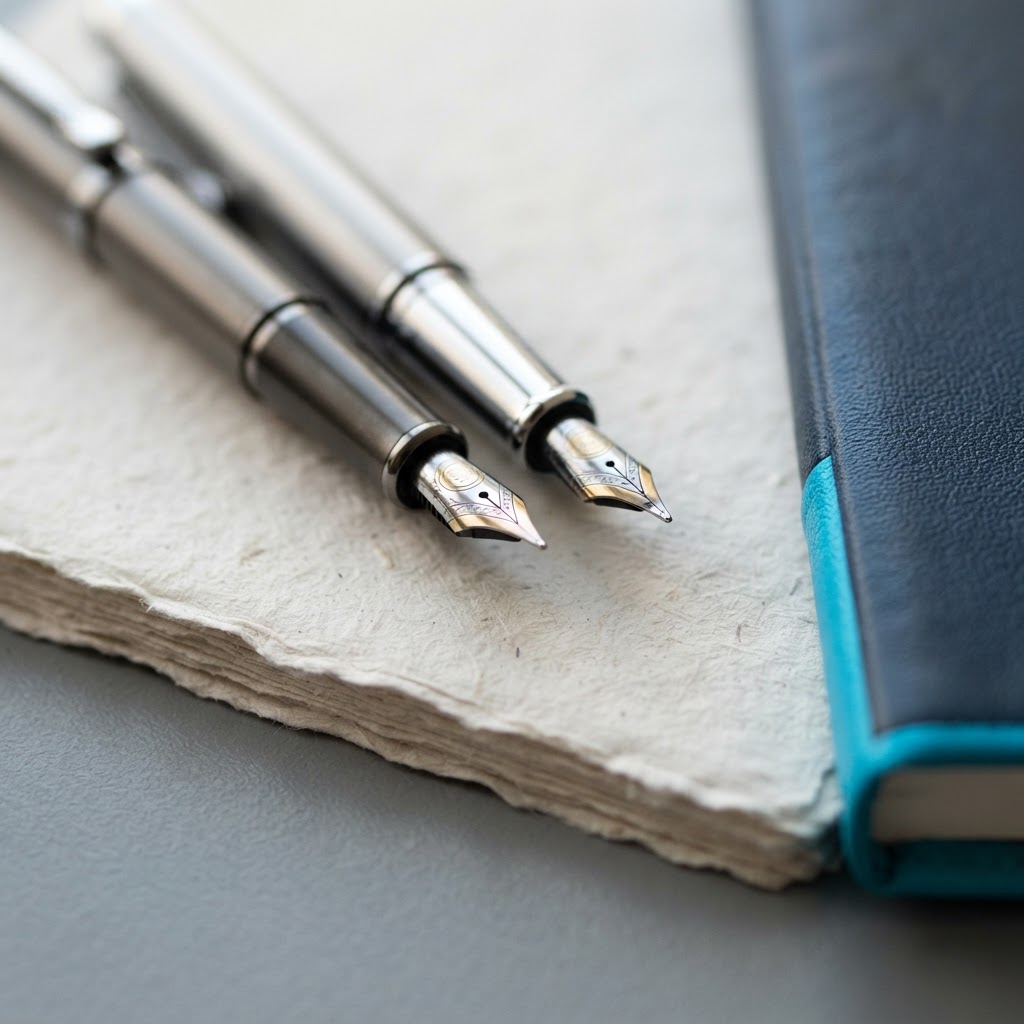 Professional writing tools on a stack of research papers