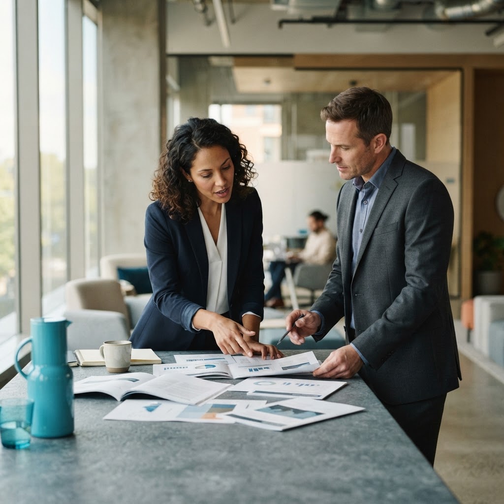 Two professionals collaborating over industry research reports