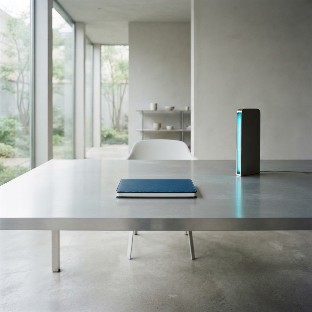 A closed deep blue leather notebook on a minimalist brushed aluminum table.