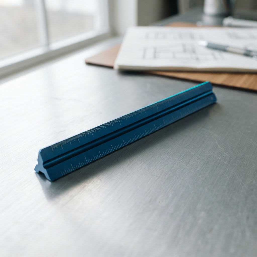 A matte deep blue architectural scale ruler on a brushed aluminum desk.