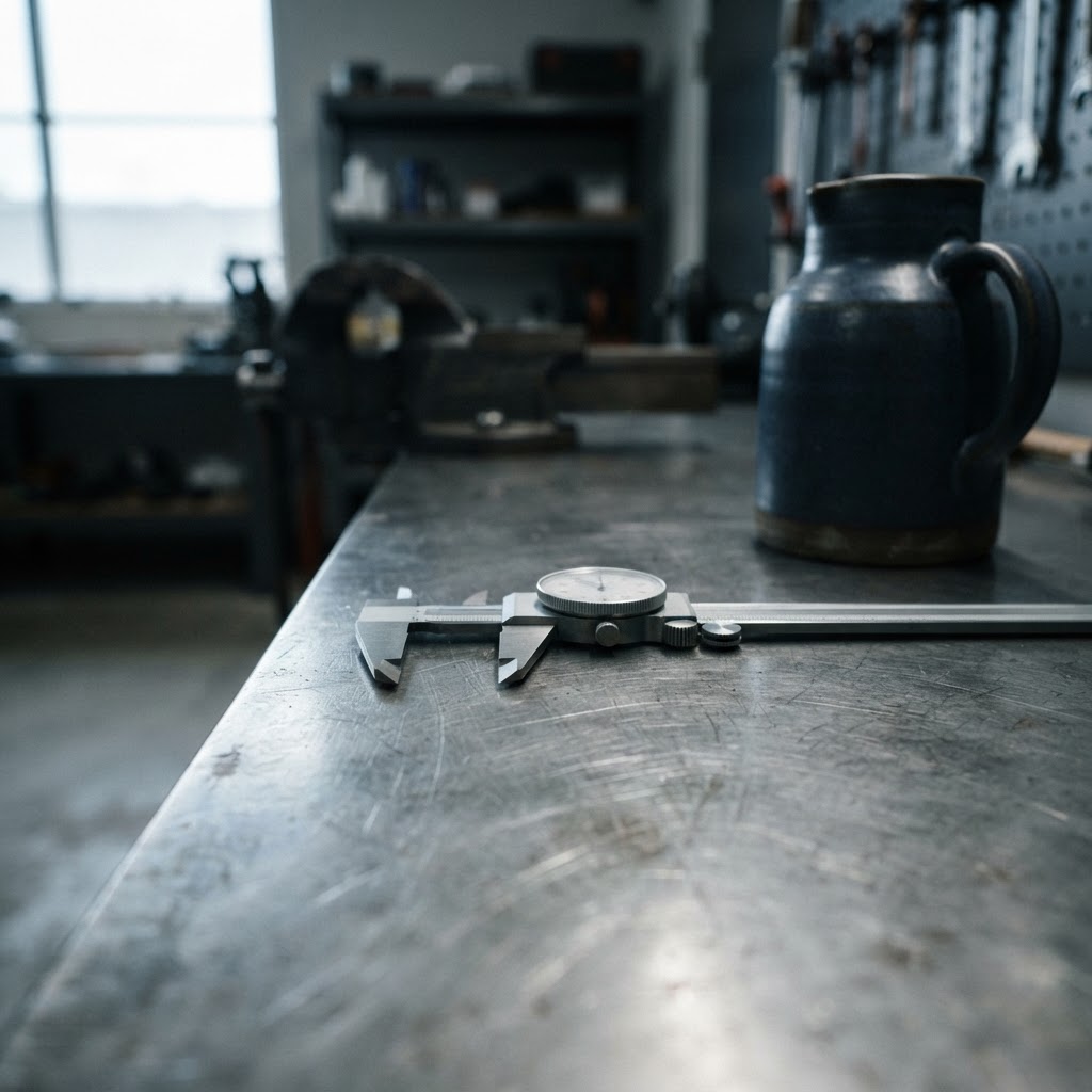 Brushed aluminum calipers and a dark blue carafe on an industrial workbench.