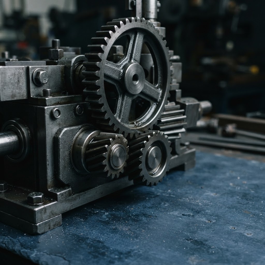 Close up of a metallic gear system on a blue slate surface.