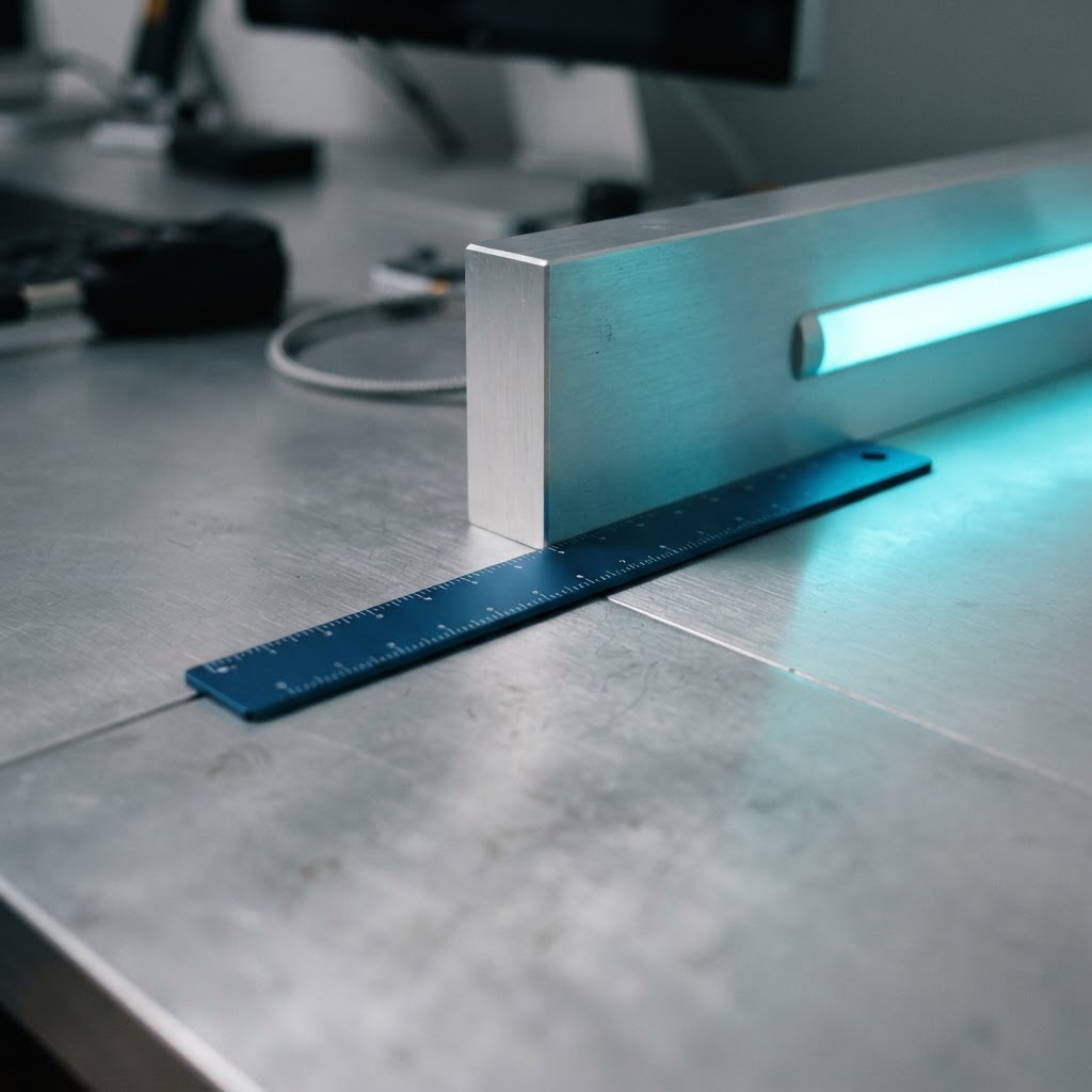 Architectural detail of a metal workspace with blue ruler