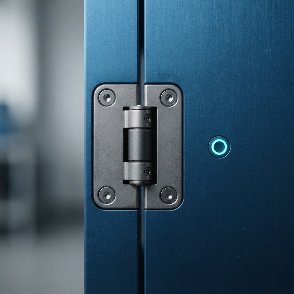 Close up of high precision metal hinge on blue panel