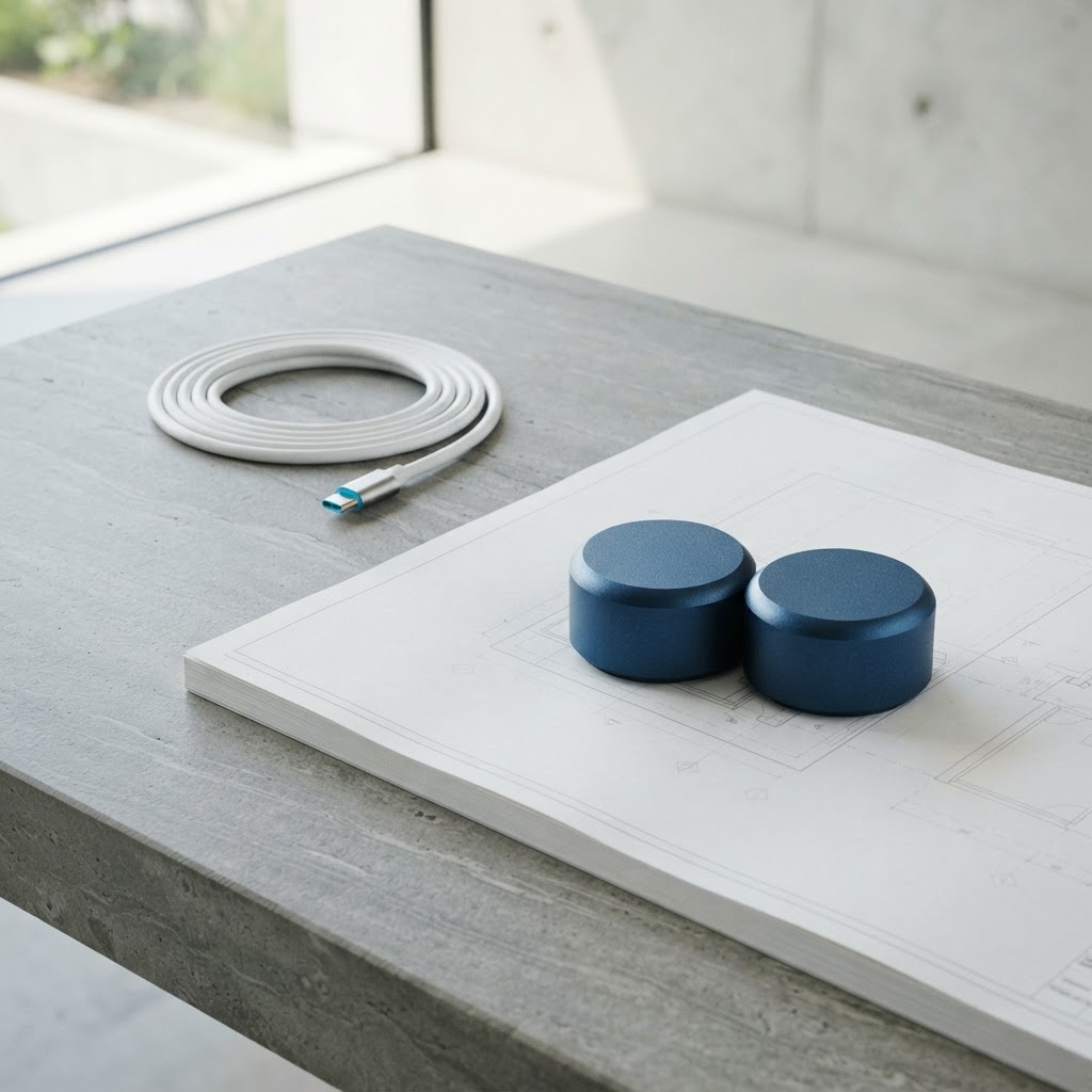 Minimalist desk setup with professional metal weights and document
