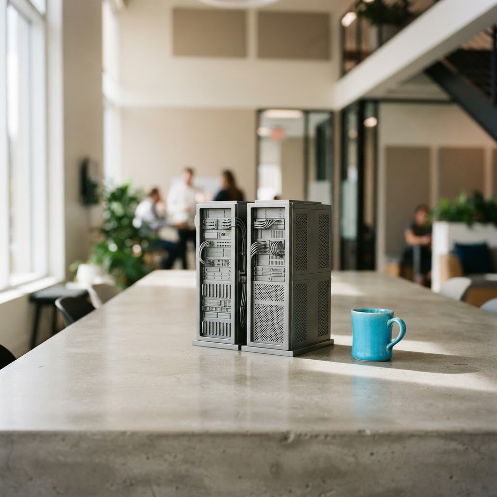 Professional workspace with metal server rack models