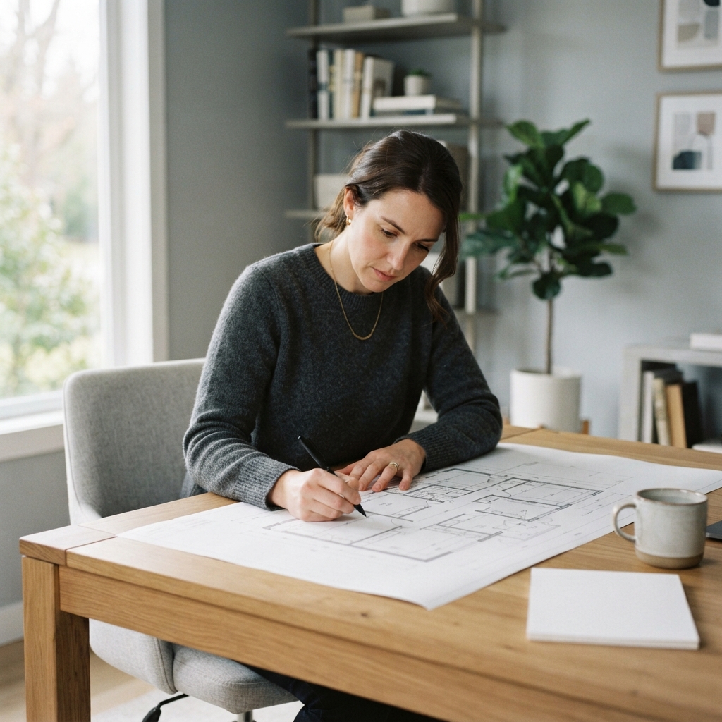 A home buyer carefully reviewing floor plans on a desk