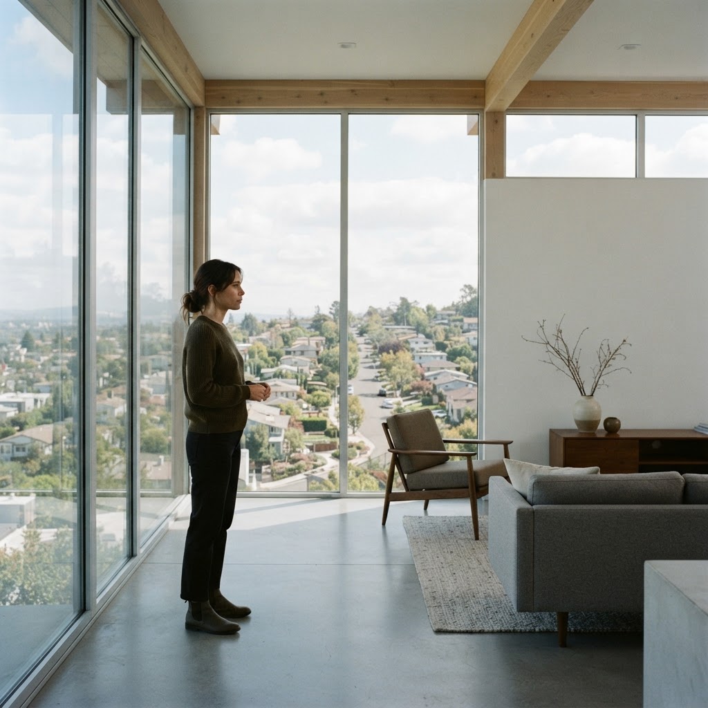 A person observing a property neighborhood through large windows