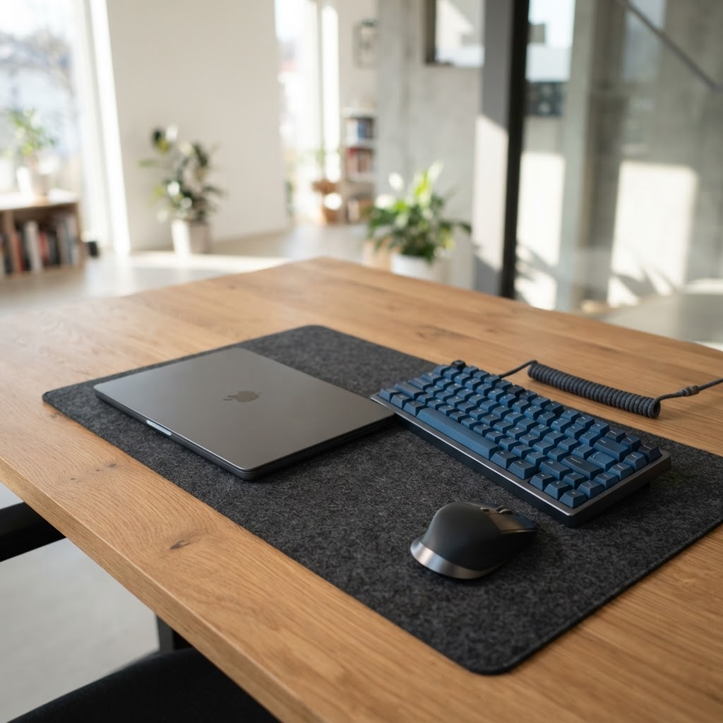 Professional workspace with closed laptop and hardware