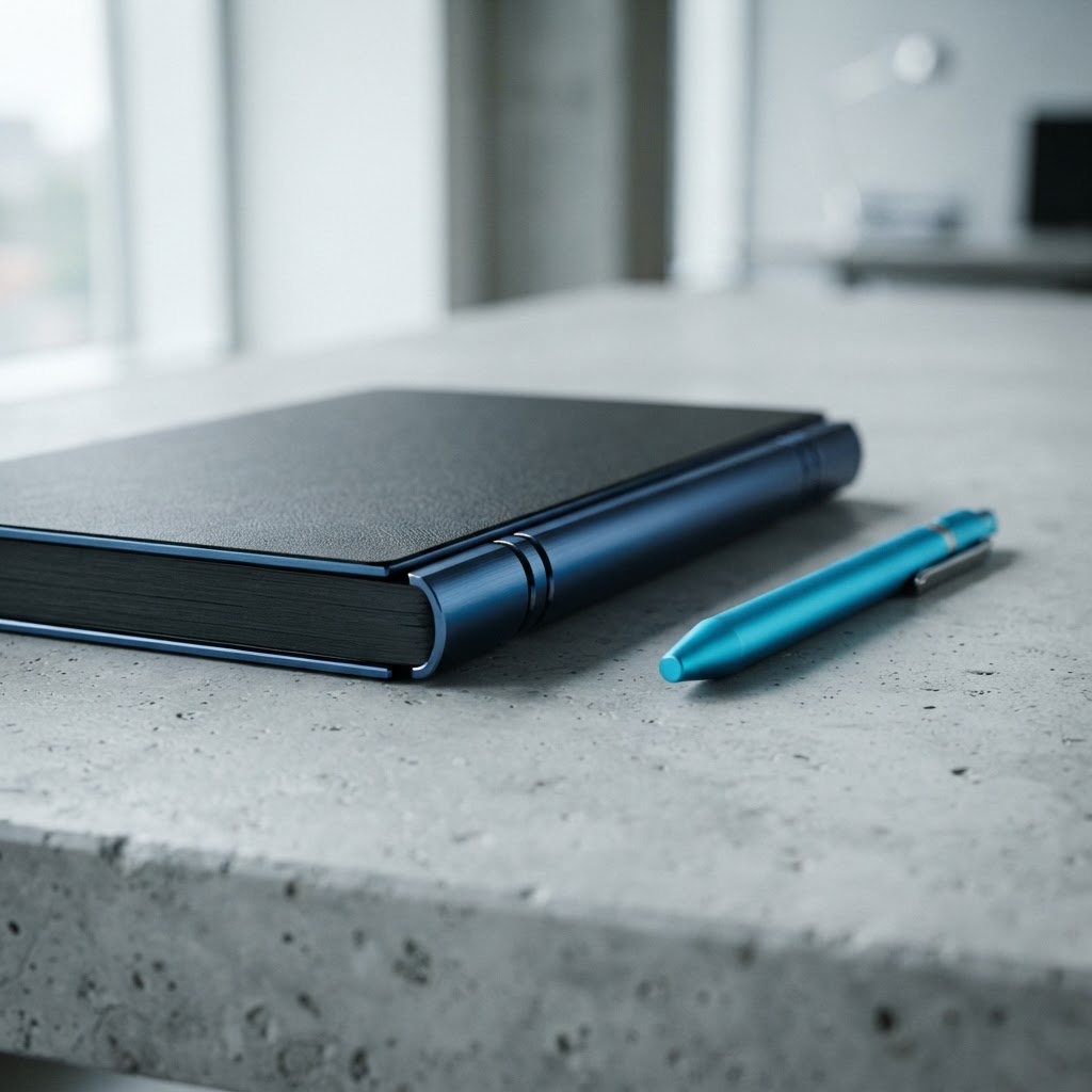 Deep blue notebook spine with cyan pen