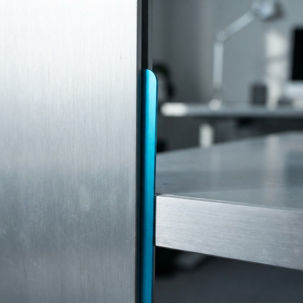 Macro view of aluminum surfaces and cyan bookmark