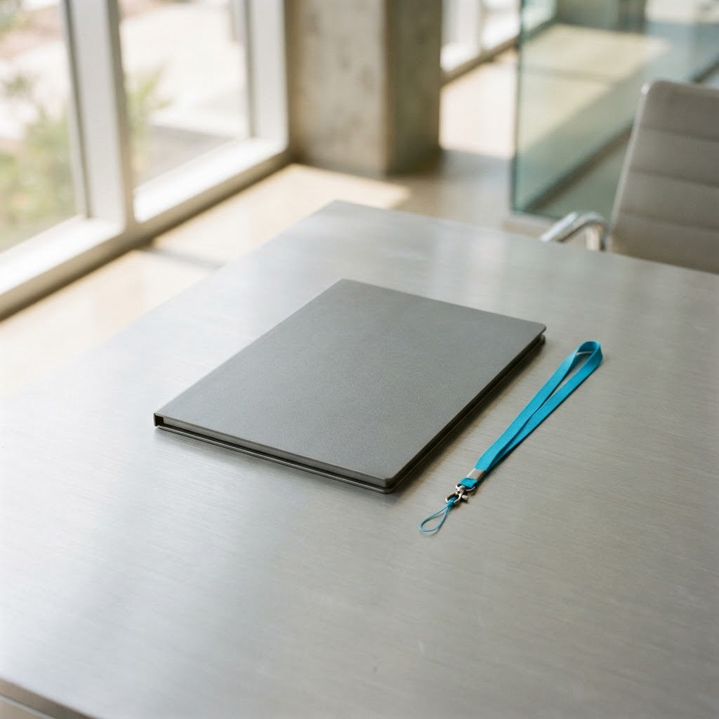 Minimalist metal folder on a brushed aluminum desk