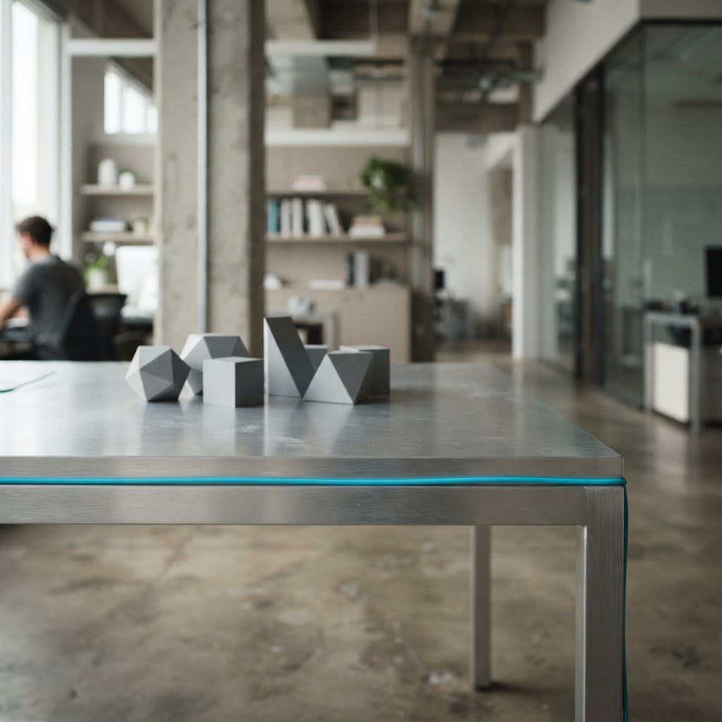 Minimalist office table with geometric weights and cyan cable