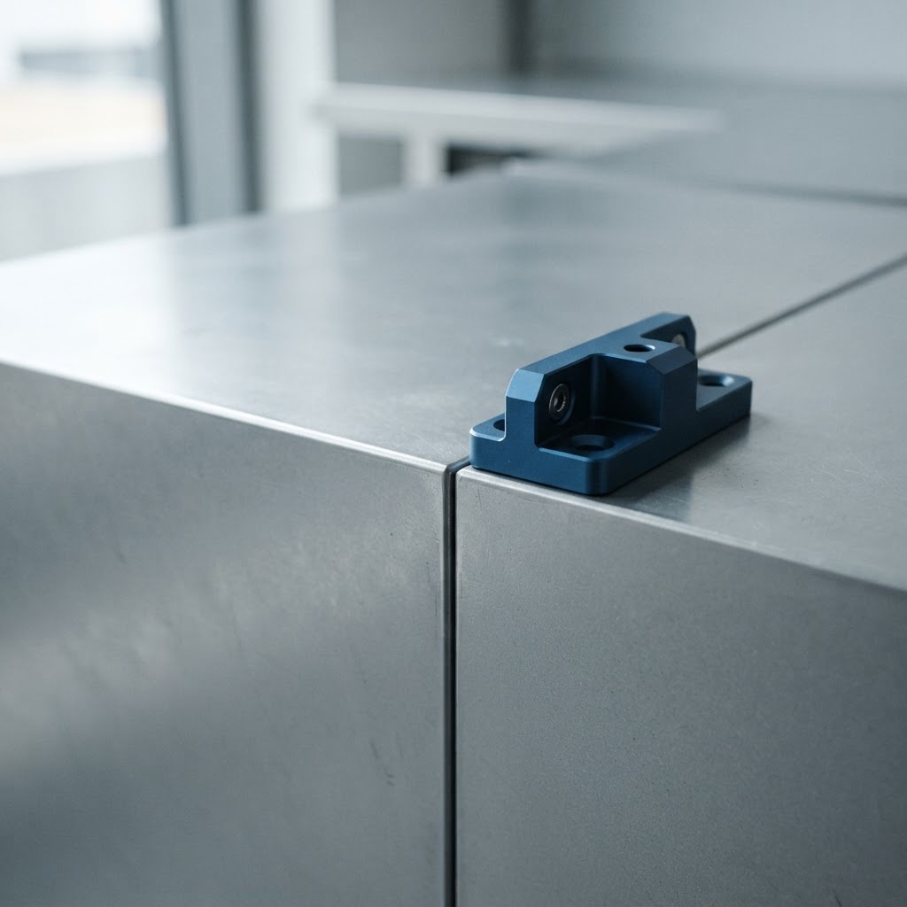 Close up of a structural metal bracket on a steel surface