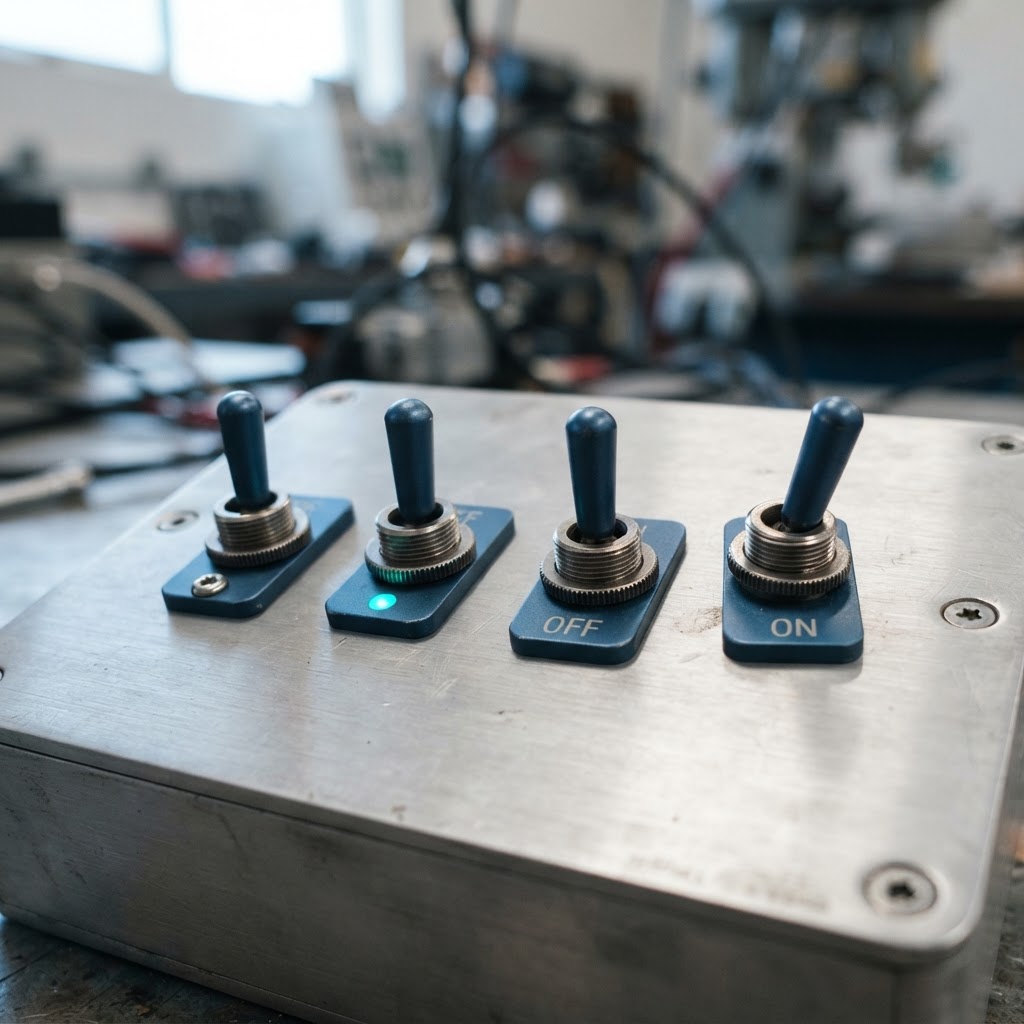 Row of precision metal toggle switches on aluminum surface