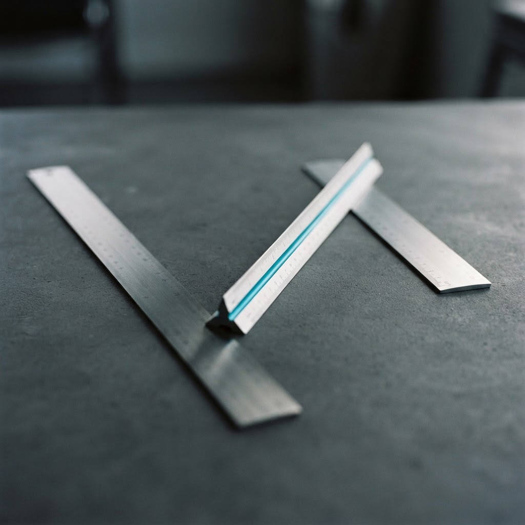 Three precision drafting rulers on a minimalist workspace surface