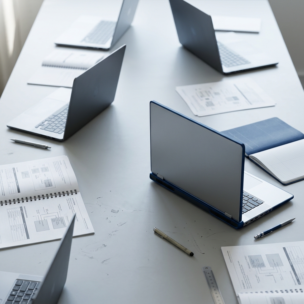 Developer workspace with multiple laptops and documentation