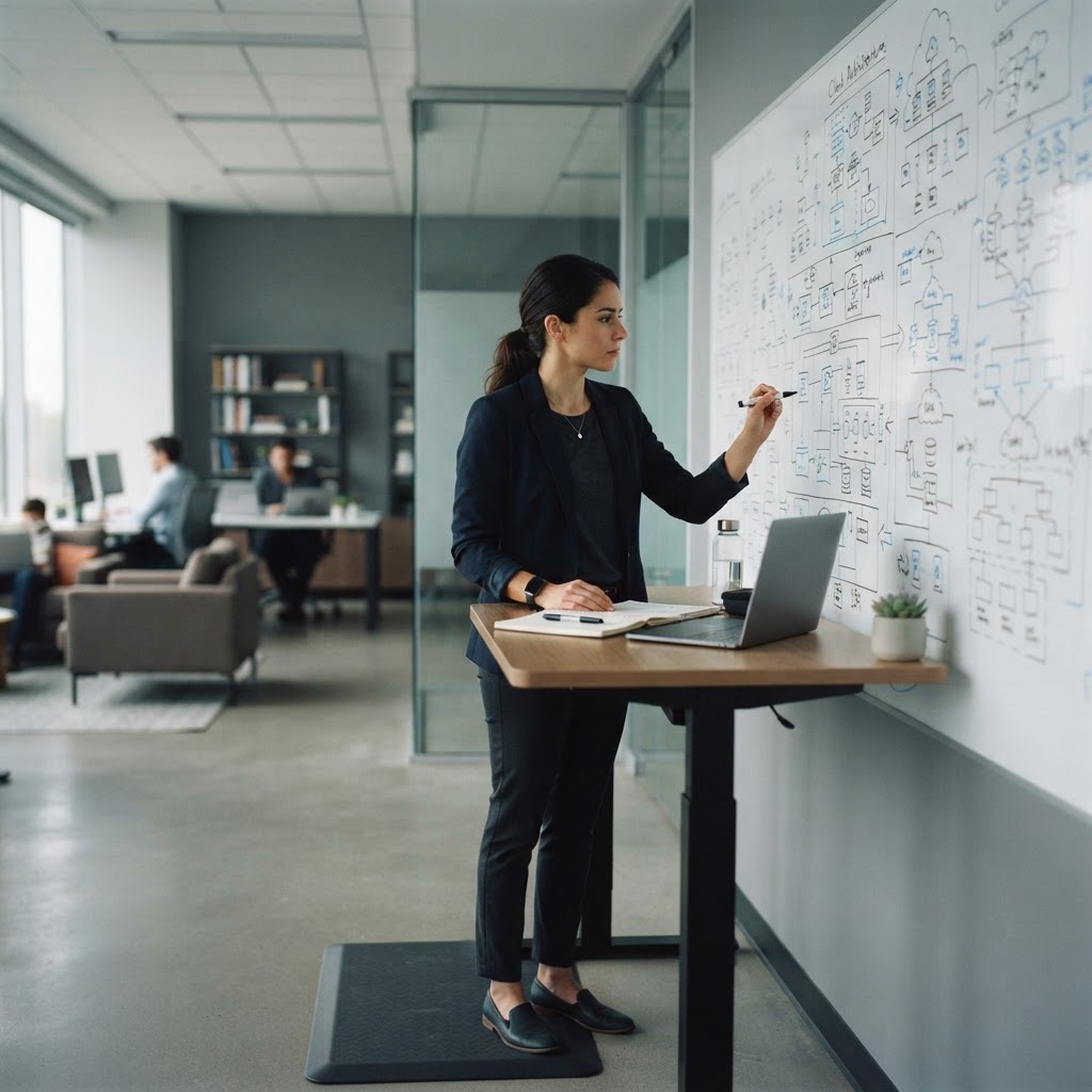 Software engineer planning cloud infrastructure on a whiteboard