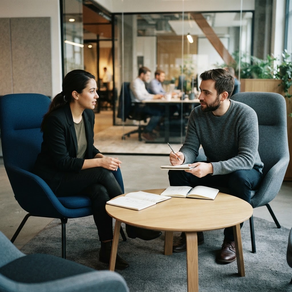 Two professionals discussing strategy in a modern office space