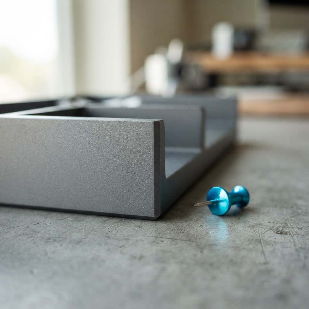 Close up of metal desk organizer and cyan accent pin
