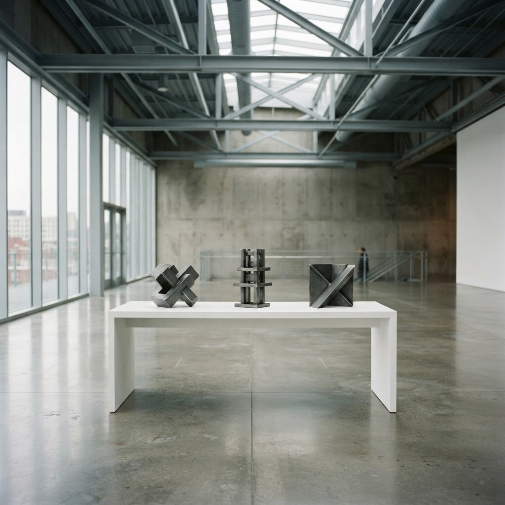 Minimalist architectural space with industrial metal objects