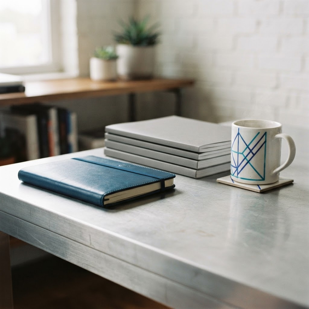Professional workspace with notebook and technical manuals