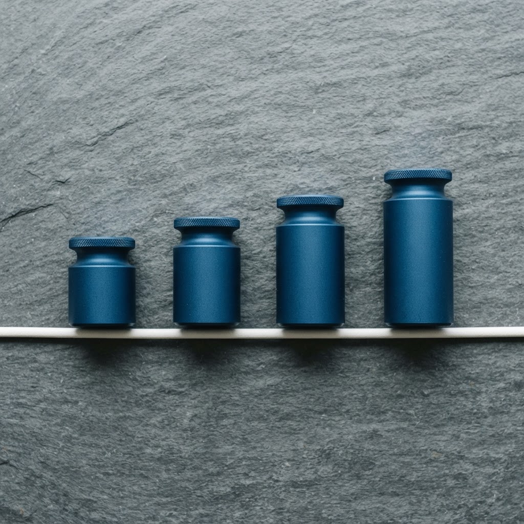 Four metallic balancing weights of varying heights on a stone surface