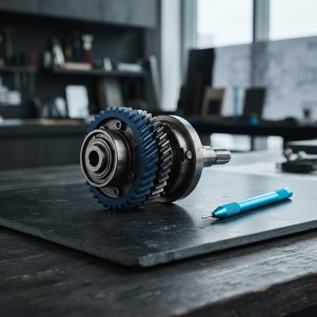 Industrial metal gear assembly and a cyan metal stylus