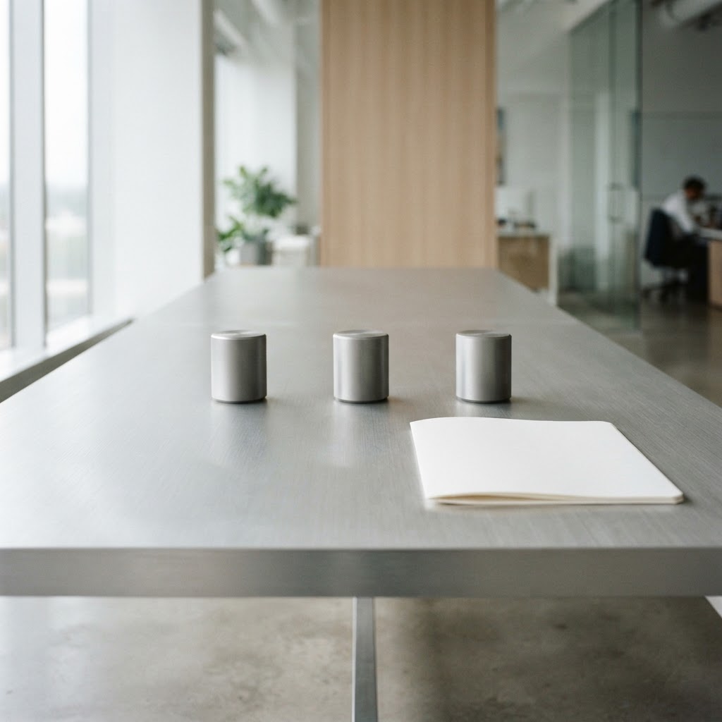 Three metal cylinders and a white folder on a brushed aluminum table