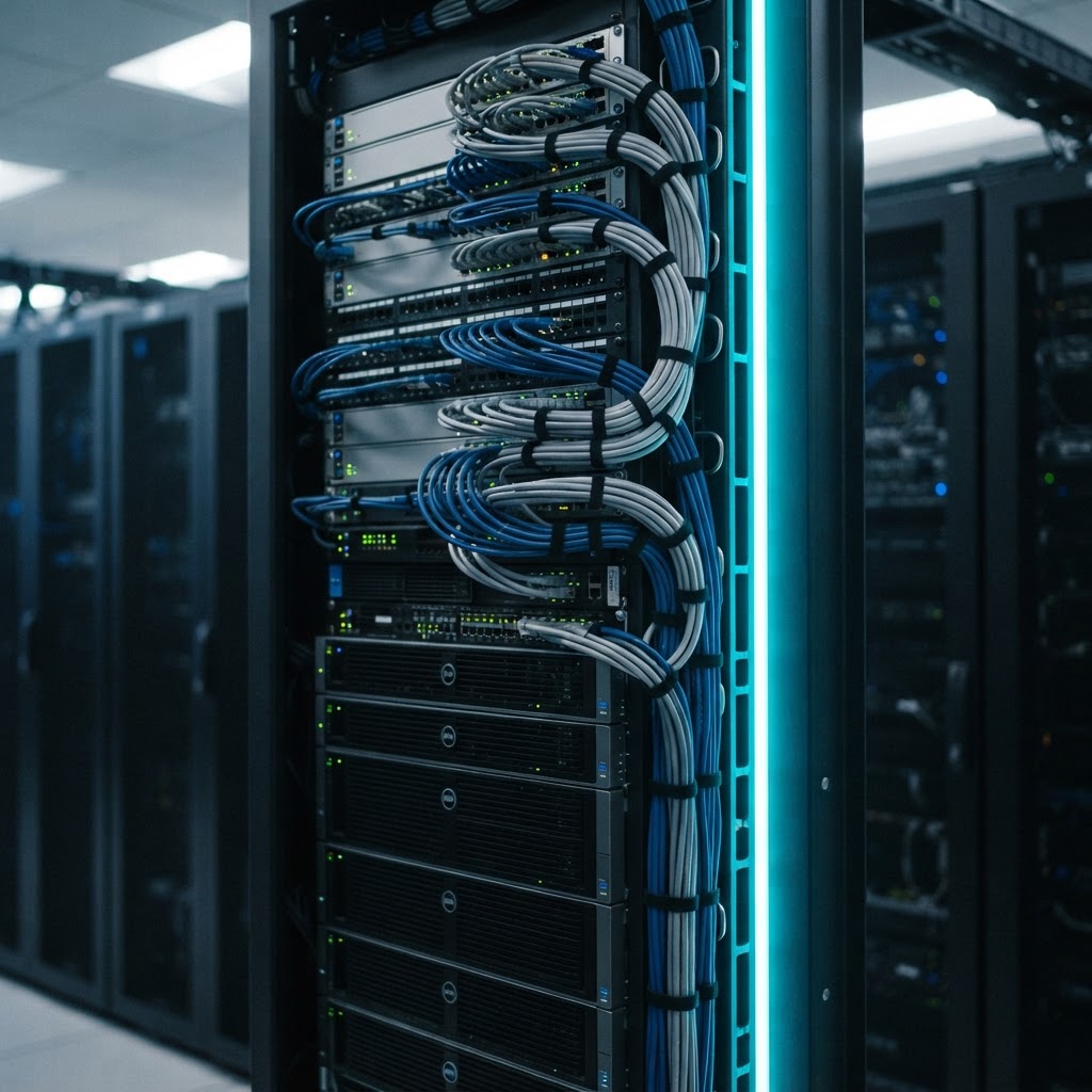 Clean and organized server rack interior with electric cyan accent