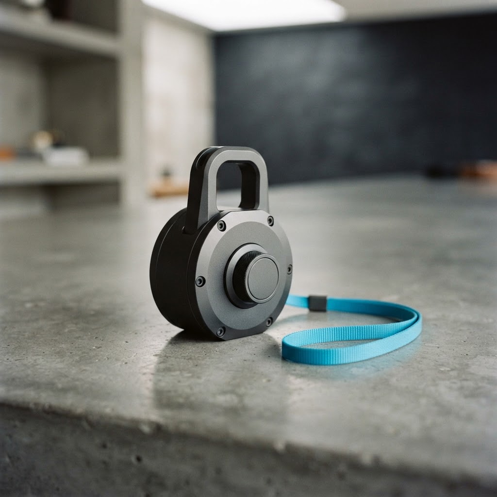 Minimalist metallic security key vault on concrete surface