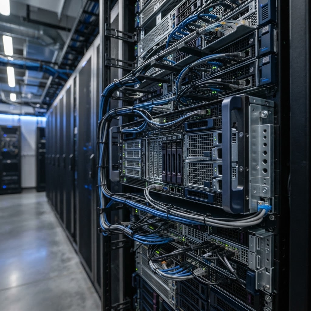Close up of professional server infrastructure hardware