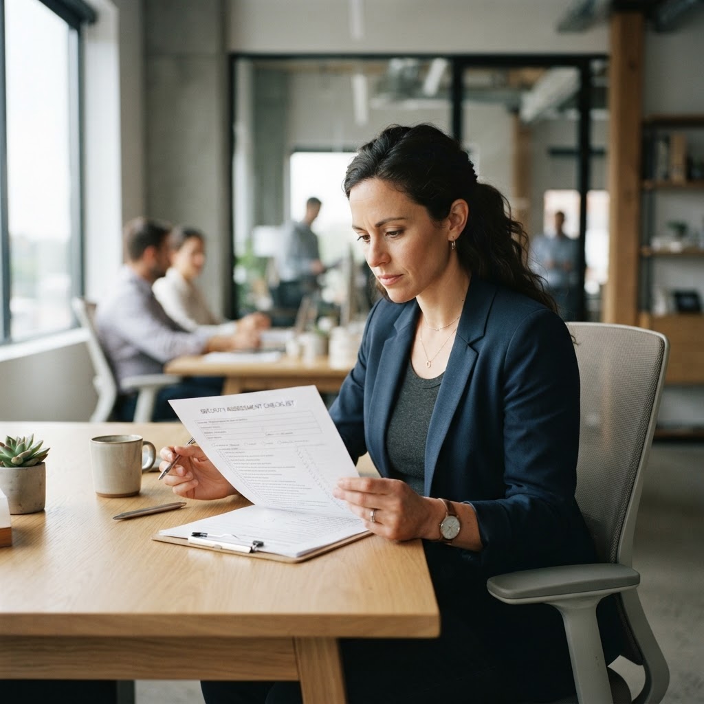 Founder reviewing cybersecurity documentation at a desk