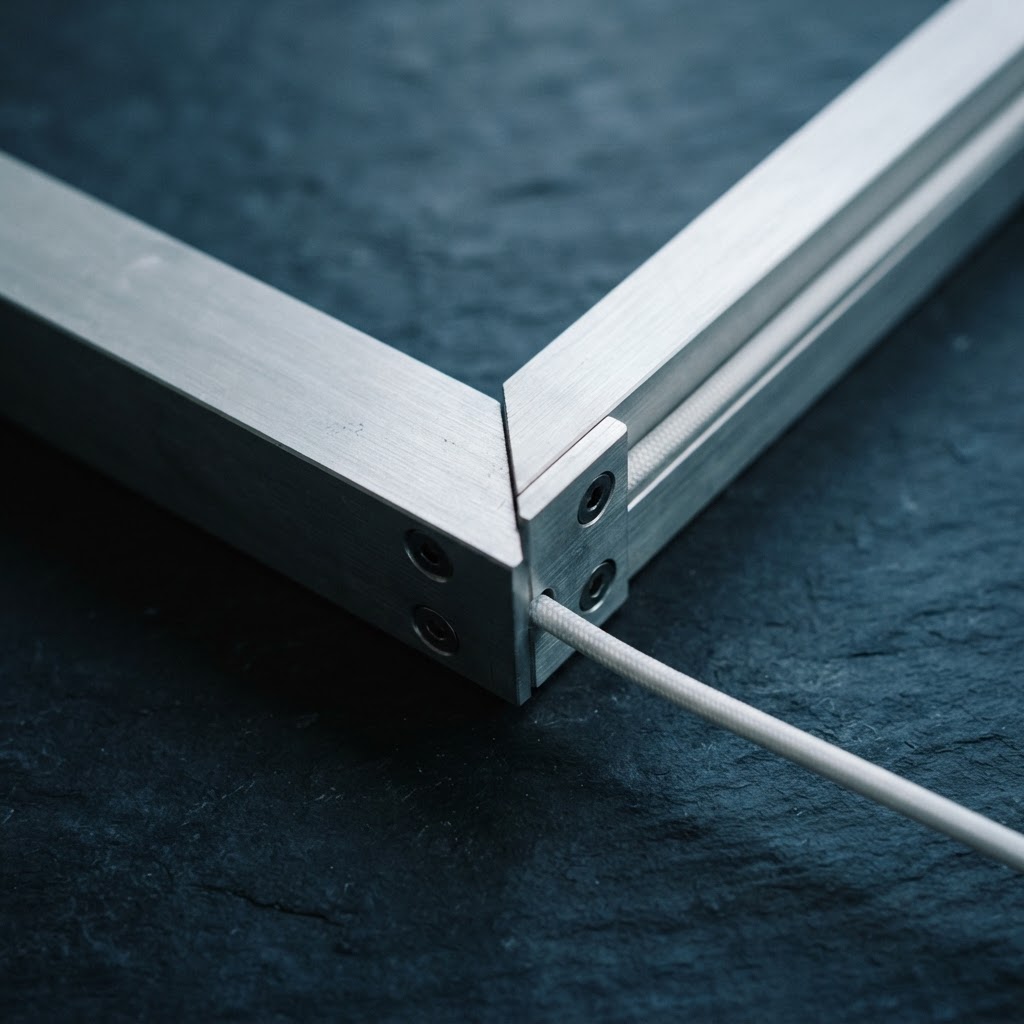 Close up of intersecting brushed aluminum beams