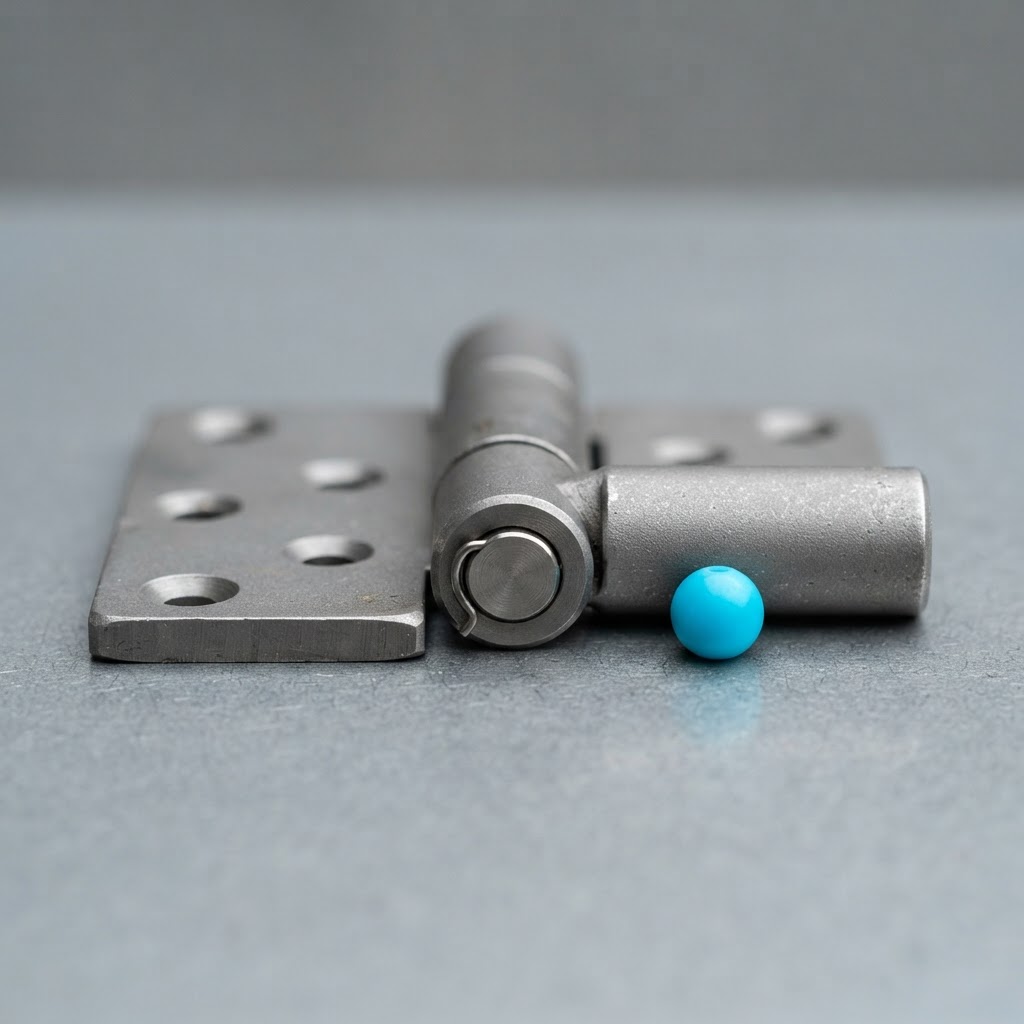 Extreme close up of a metal hinge and cyan accent
