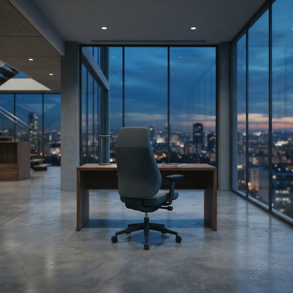 Modern minimalist workspace with an empty chair