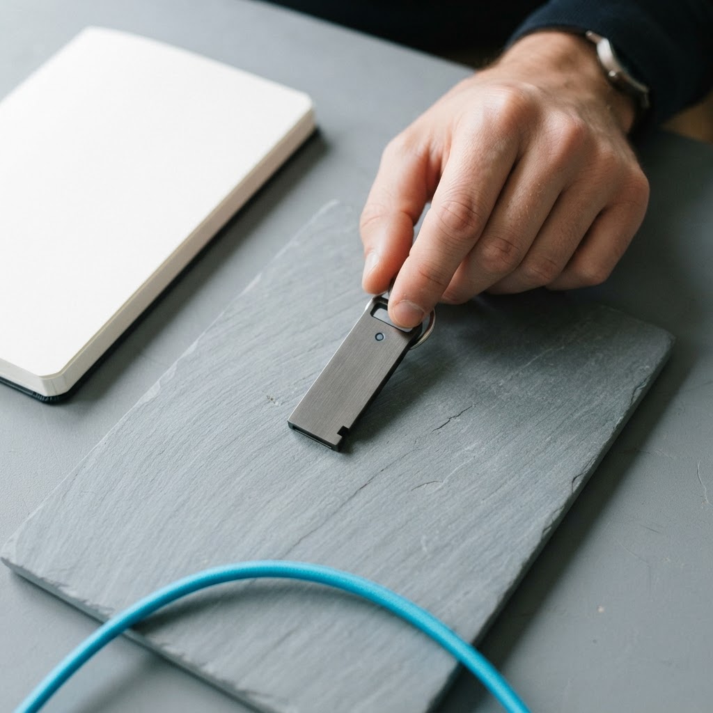 Hardware security key resting on a minimalist office desk