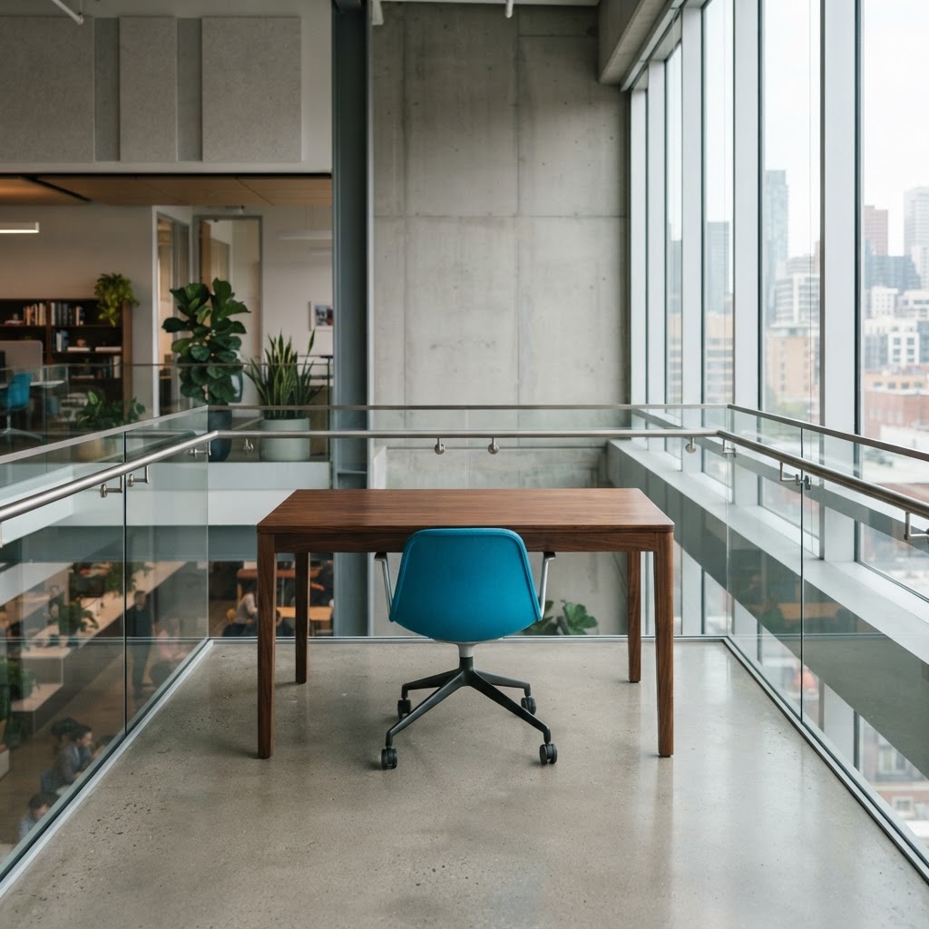 Minimalist open office workspace with a single accent chair