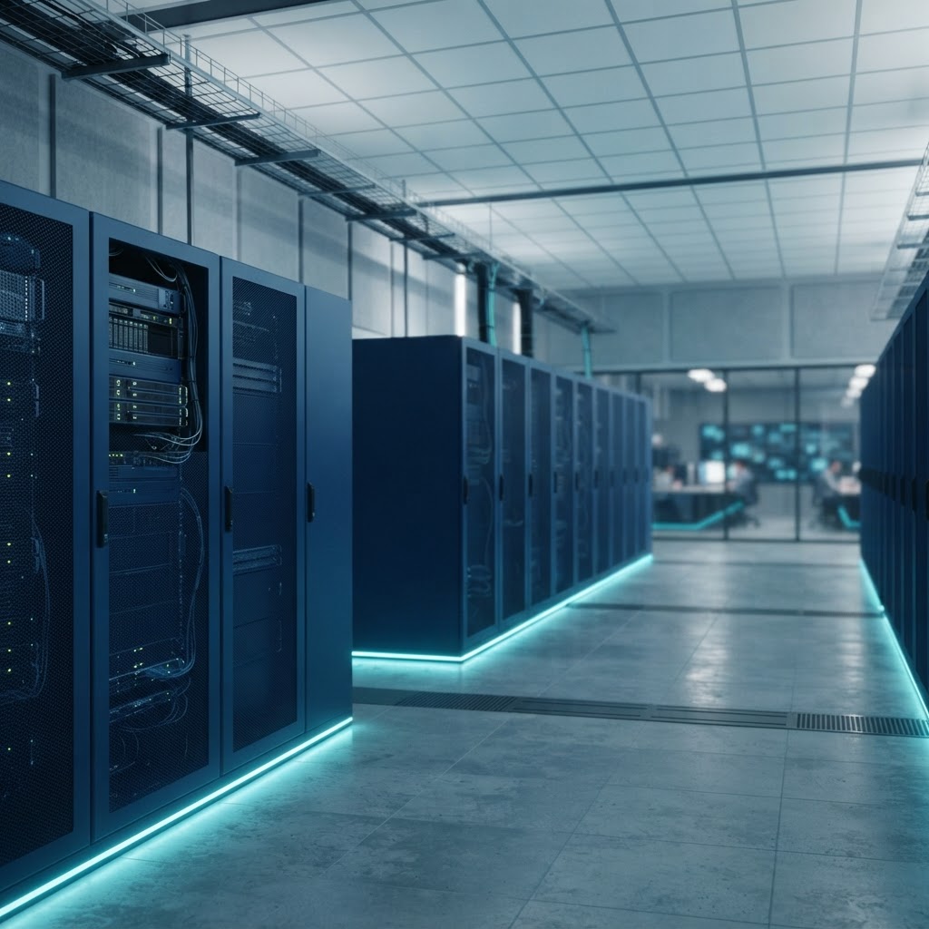 Modern minimalist server room in a tech startup office