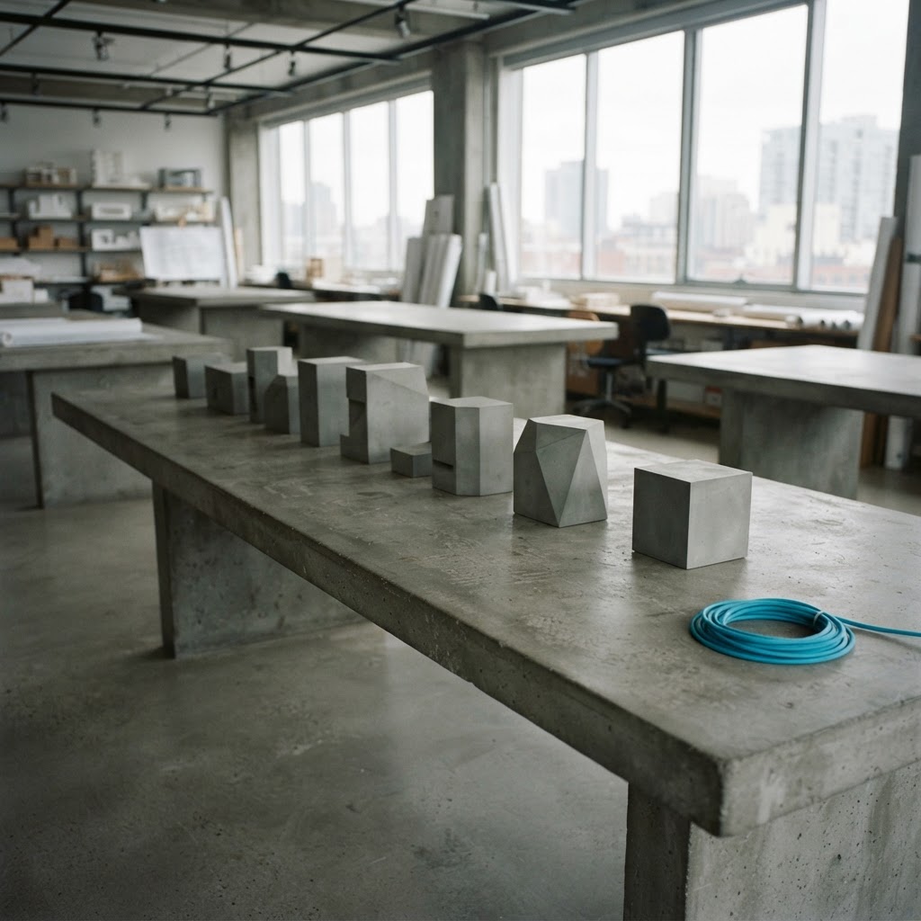 Geometric prisms arranged on a minimalist studio table