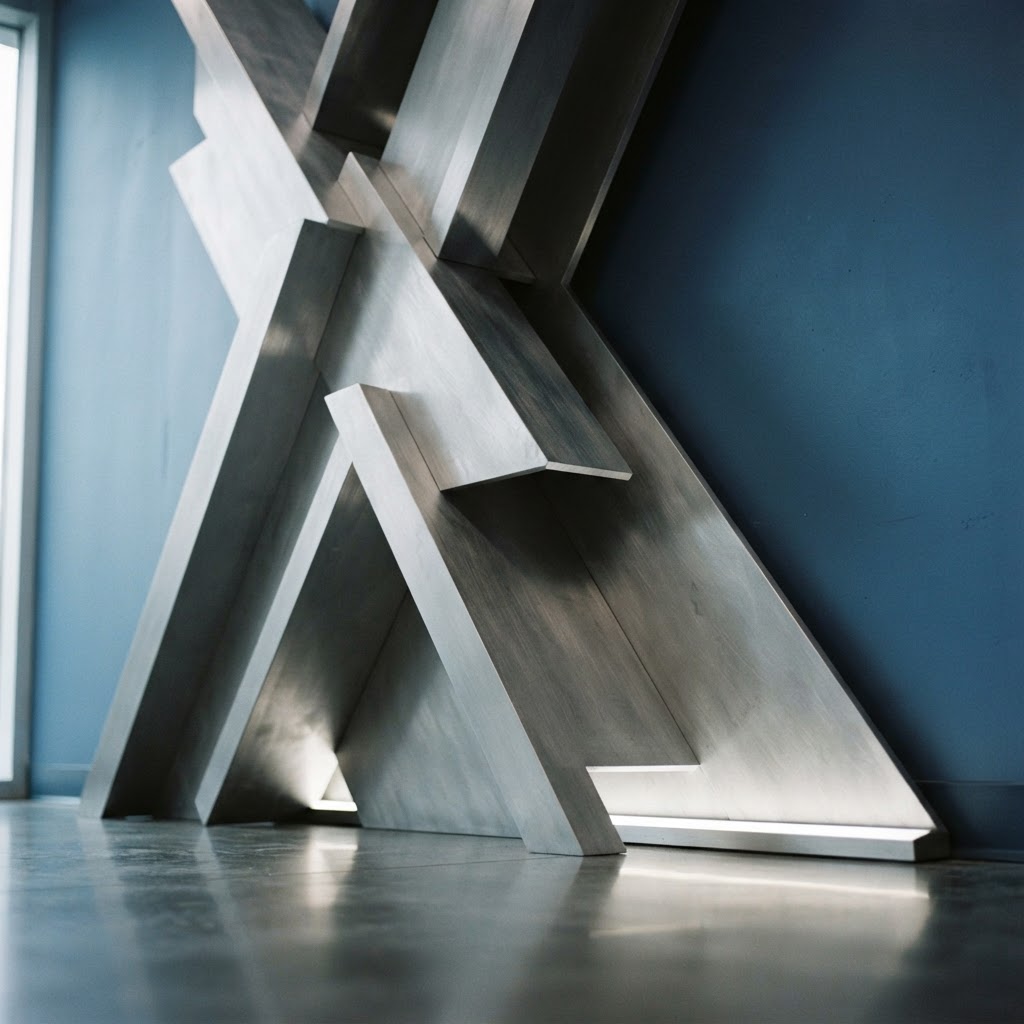 Interlocking metallic plates in a minimalist industrial setting