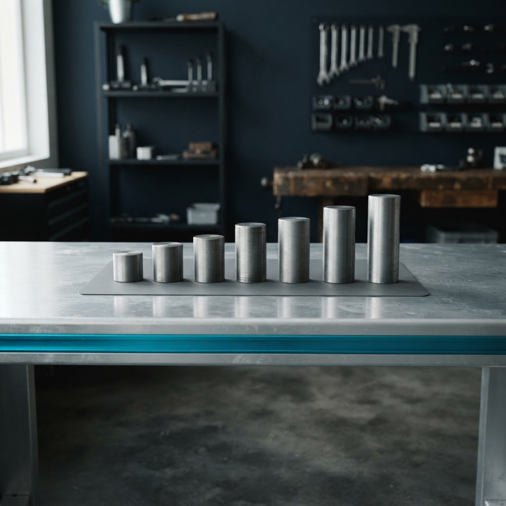 Professional arrangement of geometric metal cylinders on an aluminum desk