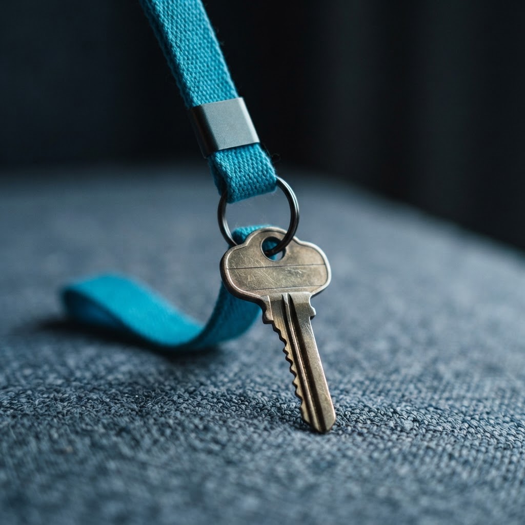 A high quality metal key on a professional lanyard