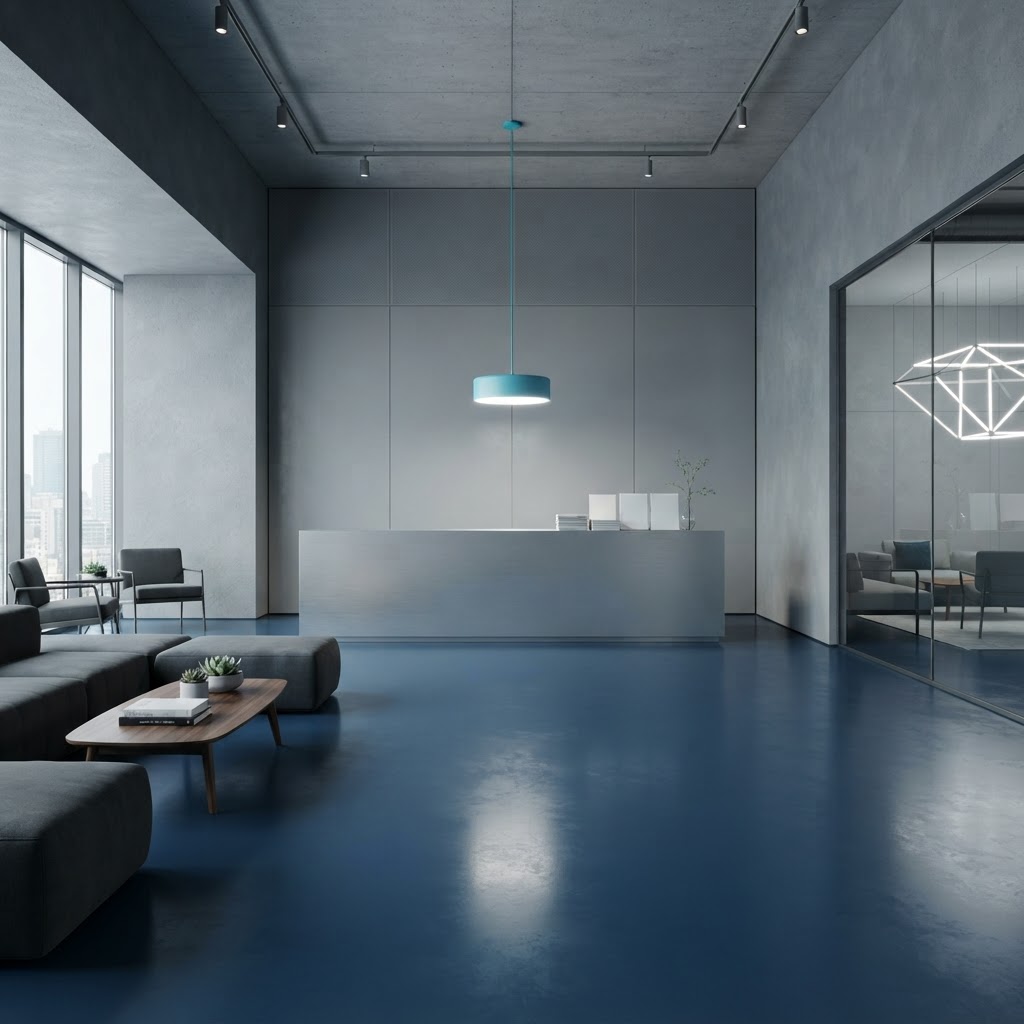 Minimalist corporate onboarding area with cool gray and blue tones