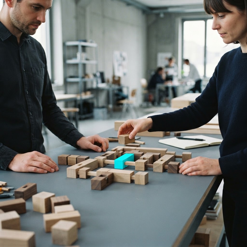 People organizing modular blocks on a professional workstation